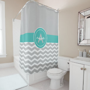 Cortina De Ducha Chevron verde azulado gris