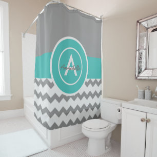 Cortina De Ducha Chevron verde azulado gris