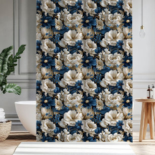 Cortina De Ducha Chic Opulento Azul Blanco Marfil Floral Baño Ducha