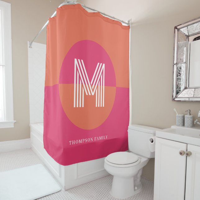 Cortina De Ducha Chic Retro Orange Pink Geometric Modern Monogram (In situ)