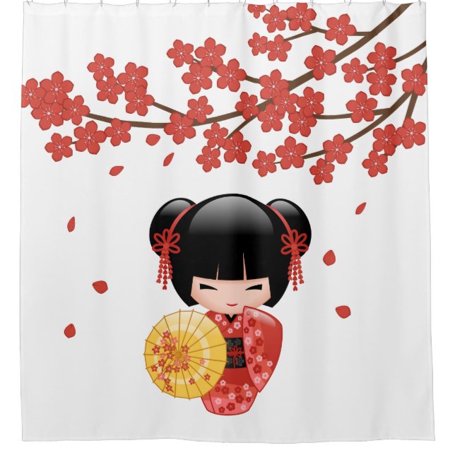 Cortina De Ducha Chica Red Sakura Kokeshi Muñeca Cute Geisha (Anverso)