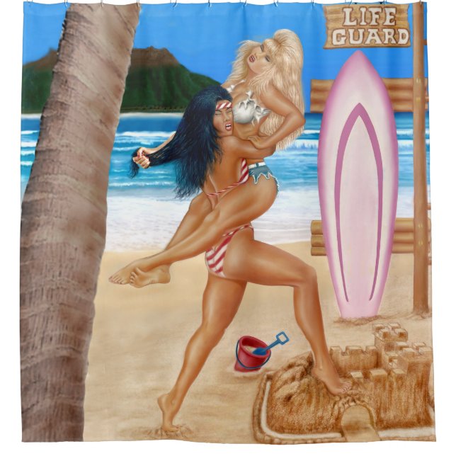 CORTINA DE DUCHA CHICAS SURFERAS PELEANDO (Anverso)