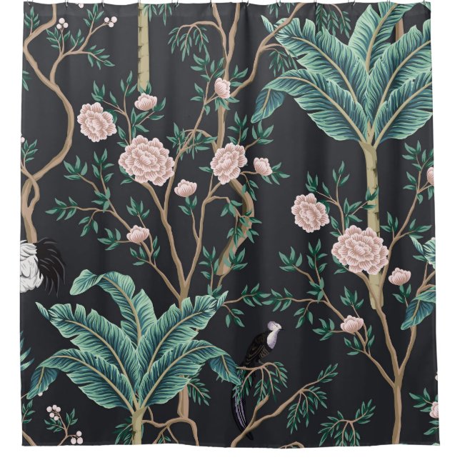 Cortina De Ducha Chinoiserie Aves exóticas: Pared de plátanos de ép (Anverso)