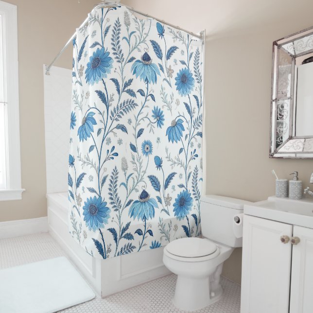 Cortina De Ducha Chinoiserie Blue Echinacea Pattern (In situ)