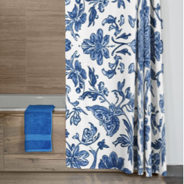 Cortina De Ducha Chinoiserie Floral Azul Acuarela Blanca