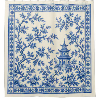 Cortina De Ducha Chinoiserie Floral Pagoda Azul Vintage Blanco