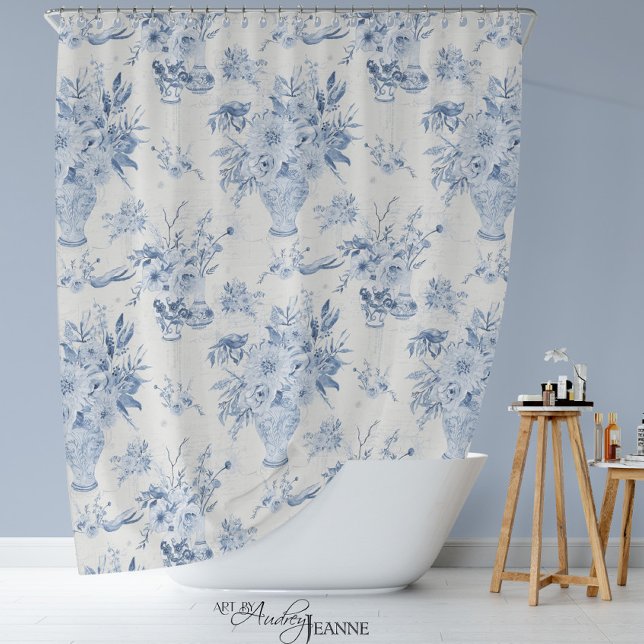 Cortina De Ducha Chinoiserie Floral Vase Peony Blue White Bath (Blue and White Toile Chinoiserie Flora by Audrey Jeanne)
