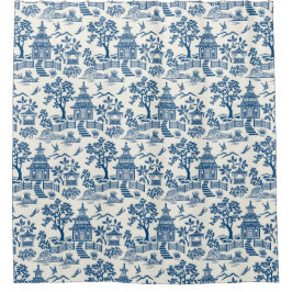 Cortina De Ducha Chinoiserie Pagoda Blue on White