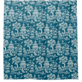 Cortina De Ducha Chinoiserie Pagoda Verde azulada