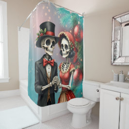 Cortina De Ducha Christmas Bone Romance, A festive skeleton couple.