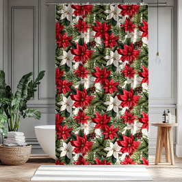 Cortina De Ducha Christmas red and white poinsettia flowers Holiday