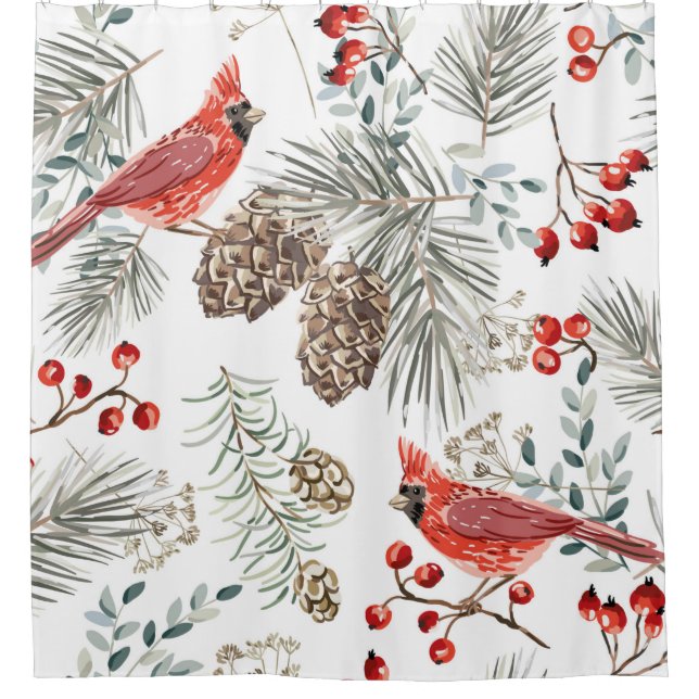 Cortina De Ducha Christmas seamless pattern, cardinal birds, red be (Anverso)