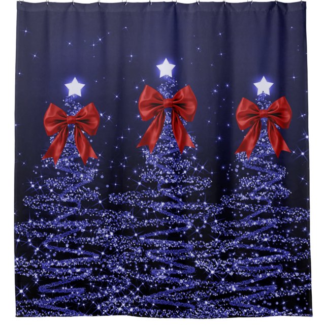 Cortina De Ducha Christmas Sparkling Trees Navy Blue Faux Red Bow  (Anverso)