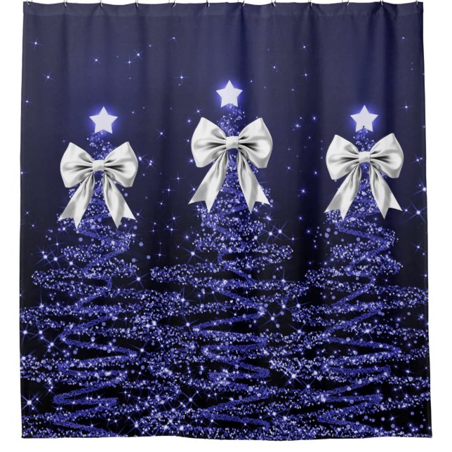 Cortina De Ducha Christmas Sparkling Trees Navy Silver Faux Bow  (Anverso)