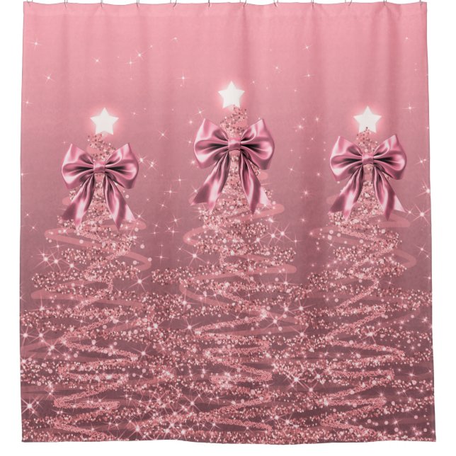 Cortina De Ducha Christmas Sparkling Trees Pink Blush Faux Bow  (Anverso)