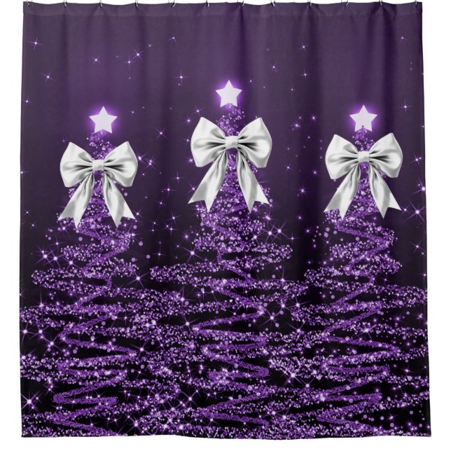 Cortina De Ducha Christmas Sparkling Trees Purple Faux Silver Bow  (Anverso)