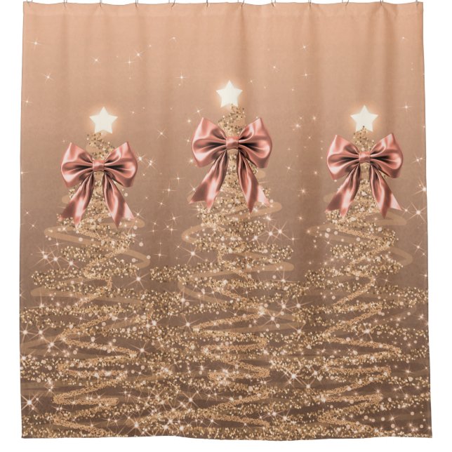 Cortina De Ducha Christmas Sparkling Trees Rose Gold Faux Bow  (Anverso)