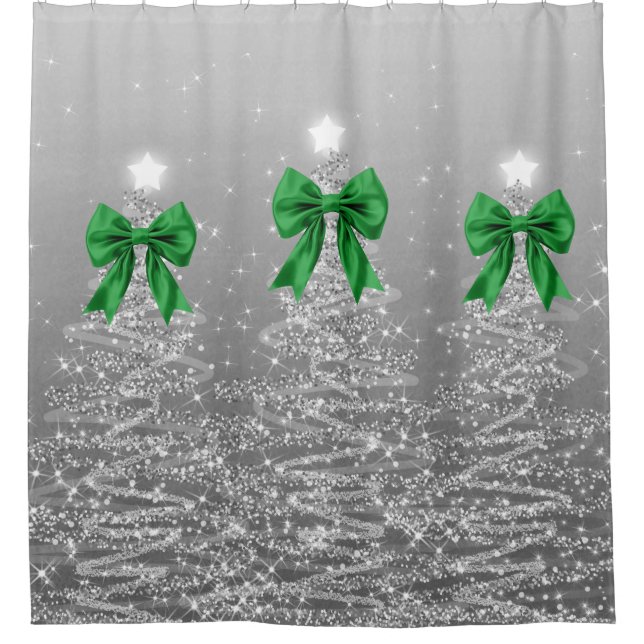 Cortina De Ducha Christmas Sparkling Trees Silver Faux Green Bow  (Anverso)