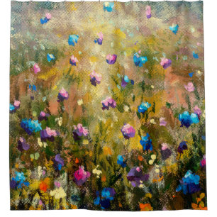 Cortina De Ducha cierre de pintura Hermoso prado de fl rosa azul