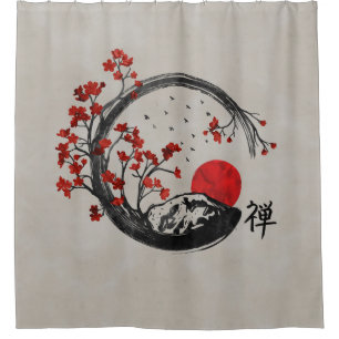 Cortina De Ducha Círculo de Enso del zen y ramas de Sakura