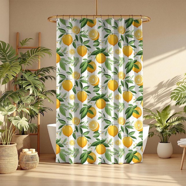 Cortina De Ducha Citrus limón mediterráneo (Mediterranean Citrus Lemon Shower Curtain in a boho mocha bathroom with tropical botanicals)