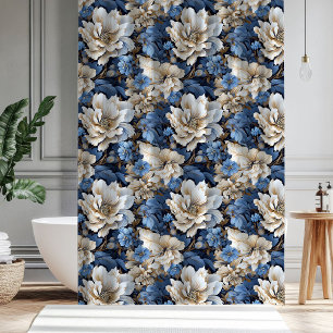 Cortina De Ducha Clásico Azul Blanco Marfil Floral Baño Ducha