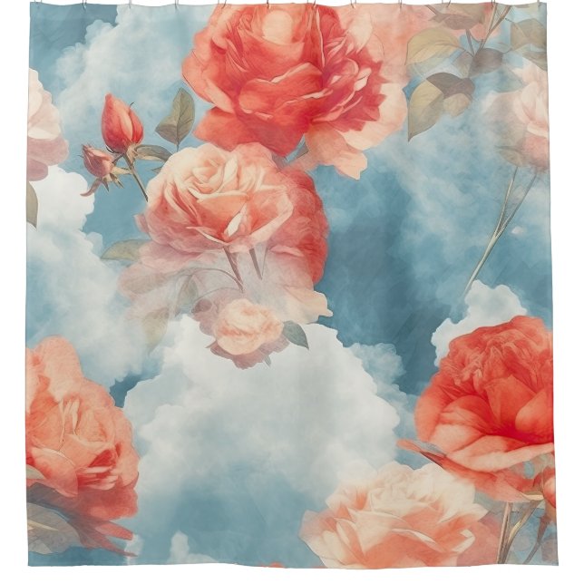Cortina De Ducha Clásicos - Fantasía floral Rosa y Roses Rojos (Anverso)
