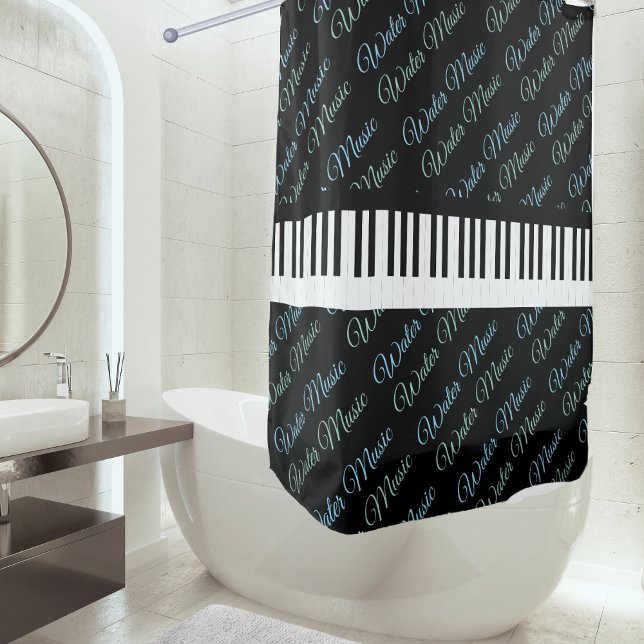 Cortina De Ducha Claves de piano de música acuática (A shower curtain patterned with 'Water Music' in script typography, with piano keys round the middle)