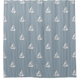 Cortina De Ducha Coastal Nautical Sailboats on Blue Stripes