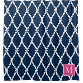Cortina De Ducha Coastal Preppy Nautical Monogram - Navy & Hot Pink
