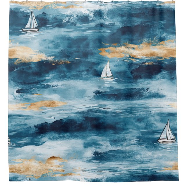 Cortina De Ducha Coastal Sailboat Waves Nautical Pattern (4) (Anverso)