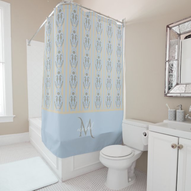 Cortina De Ducha Coastal Seahorse Cameo Blue Cream Strip Monogram  (In situ)