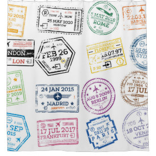 Cortina De Ducha Colección de sellos de pasaporte aislados en blanc