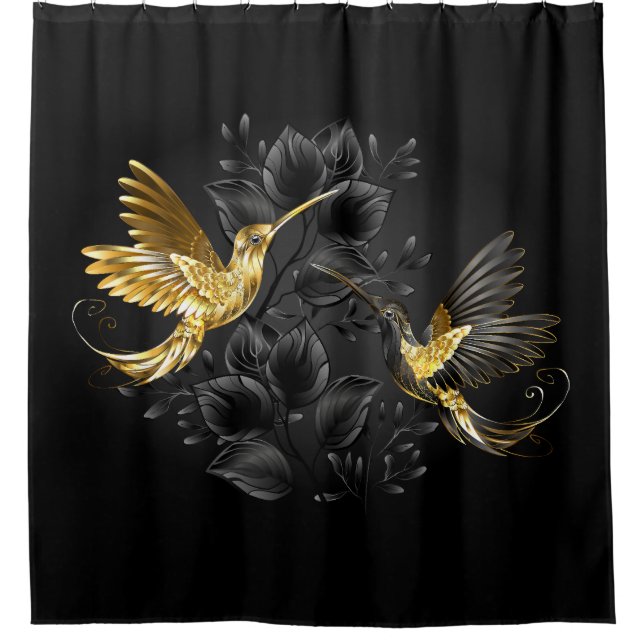 Cortina De Ducha Colibrí negro y dorado (Anverso)