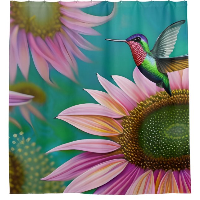 Cortina De Ducha Colibrí y girasol rosa (Anverso)