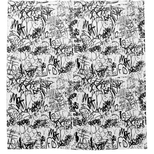 Cortina De Ducha Collage abstracto de graffiti negro y blanco (Anverso)