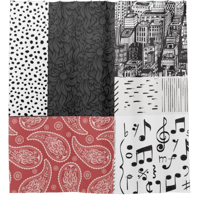 Cortina De Ducha Collage rojo, negro y blanco (Anverso)