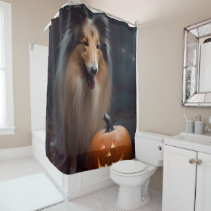 Cortina De Ducha Collie Áspero de Halloween con Calabazas Espeluzna