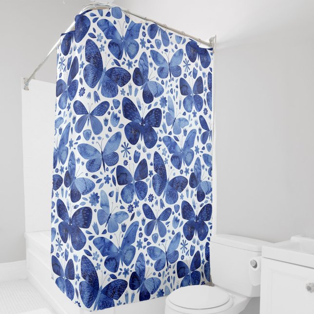 Cortina De Ducha Color de agua de mariposa azul (Blue and white watercolor butterfly pattern shower curtain)