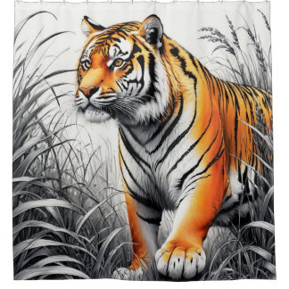Cortina De Ducha Color del arte del tigre Dibujo parcial blanco neg