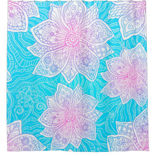 Cortina De Ducha Colores azul y rosa adornados con flores sin costu