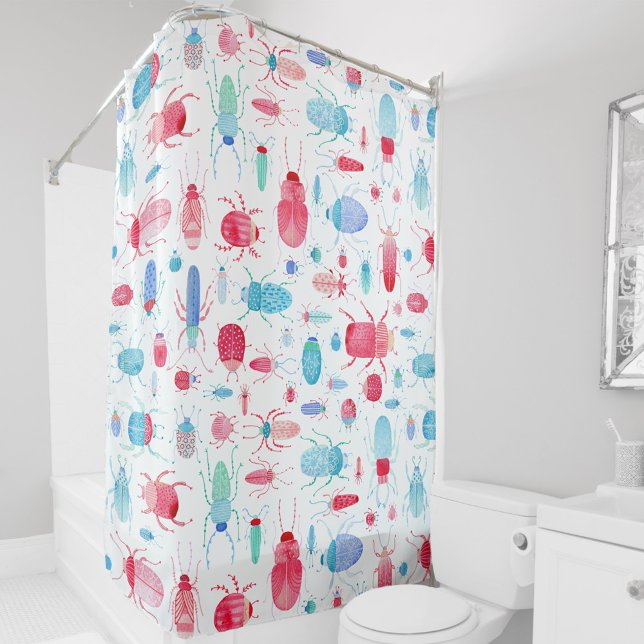 Cortina De Ducha Colores de agua divertidos de escarabajos y bugs (Watercolor bugs and beetles pink and blue shower curtain)