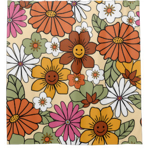 Cortina De Ducha Colorful 70s style retro floral pattern. Vintage b