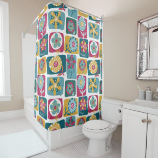 Cortina De Ducha Colorful Retro Floral Pattern