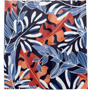 Cortina De Ducha Coloridas hojas tropicales fondo azul