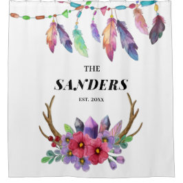 Cortina De Ducha Coloridas plumas de boho y familia de Personalizad