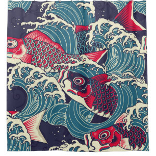 Cortina De Ducha Colorido japonés Koi/carpa pescado en la marea