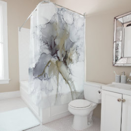 Cortina de ducha compacta gris, negra y dorada