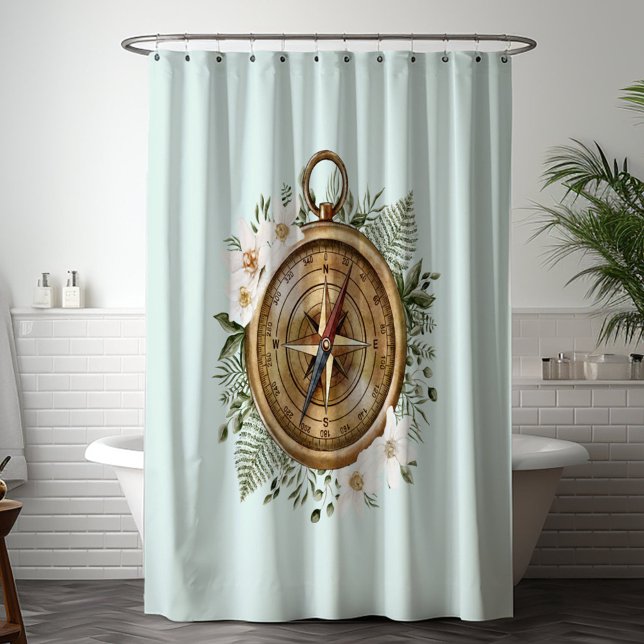 Cortina de ducha con brújula floral acuarela (In situ bathroom)