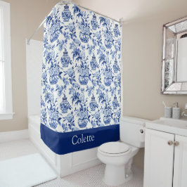 Cortina de ducha con monograma de chinoiserie azul